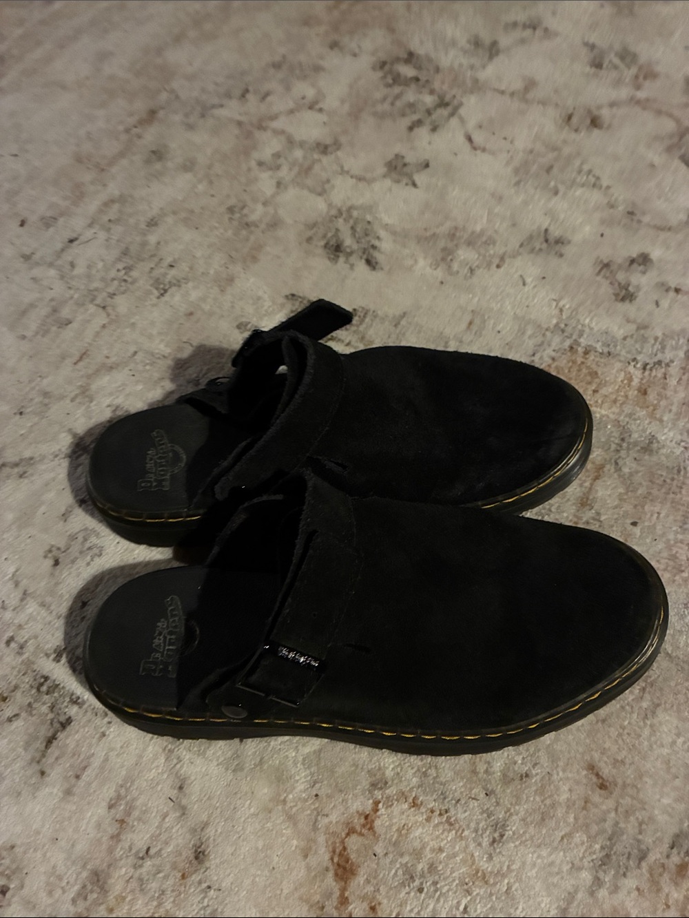 Dr. Martens Black Suede Slip-On Clog with Yellow Stitching